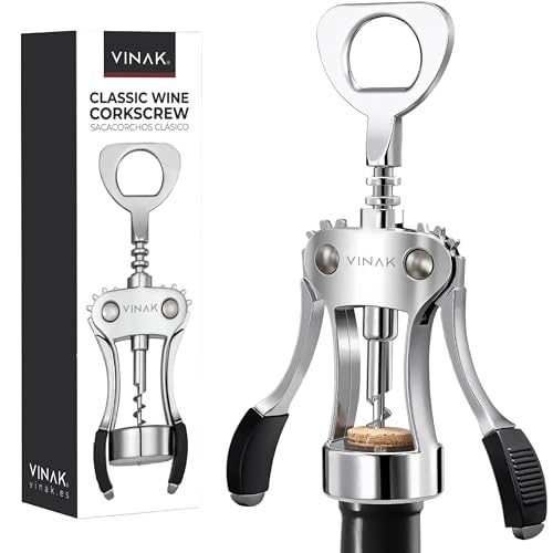 VINAK - Cavatappi classico con ali. Apribottiglie di birra facile da usare. Design ergonomico e resistente realizzato in acciaio cromato. Manopole in gomma e spirale tornitura.