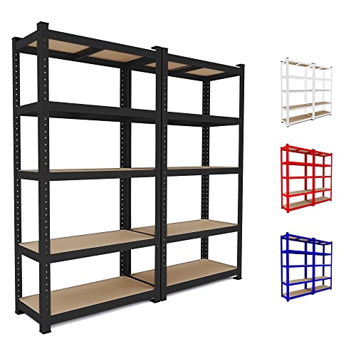 2 Scaffali In Metallo E MDF Scaffale Ad Alta Portata Fino a 875 kg Con 5 Ripiani Regolabili Ideale Per Garage Officina Cantina Capannone Magazzino Design Modulare 180 x 90 x 40 cm (Nero)