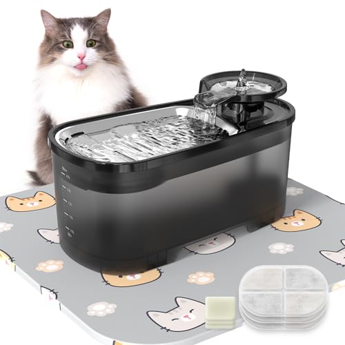 VEGREM Fontanella per Gatti 2.5 L, Fontana per Gatti Silenziosa da 2.5 W con Filtro al Carbone Attivo, Fontanella Gatti con Serbatoio d'Acqua Nero Traslucido, 5V Dispenser Acqua per Animali