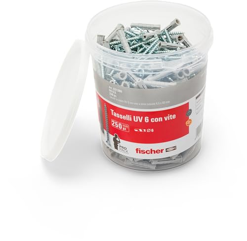 Fischer UV 6 S, Secchiello con 250 Tasselli con Vite, Misura 6 x 30 mm, 250 Tasselli + 250 Viti, Ideali per Mattoni Pieni e Forati, 531386, Grigio