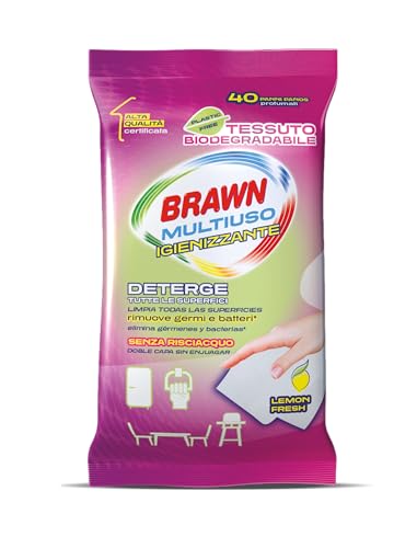 Brawn Multiuso Igienizzante, Detergono Tutte le Superfici e Rimuovono Germi e Batteri, Profumo Lemon con Tessuto BioDegradabile, Doppia Superficie Pulente Senza Risciacquo, Confezione da 40 panni