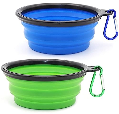 Voarge 2 ciotole pieghevoli per cani, in silicone portatile a prova di perdite, con gancio, cani e animali domestici, per acqua e cibo, 350 ml, blu e verde