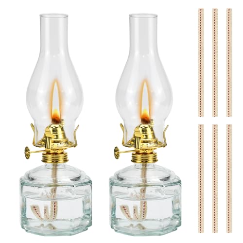 AFASOES 2 Pz Lampada in Vetro a Petrolio,Lanterna ad Olio in Vetro Trasparente,Lampada a Olio Decorativa Antivento,Lampada Lanterna Antica con 6 Pz Stoppini da 18cm per Interni ed Esterni