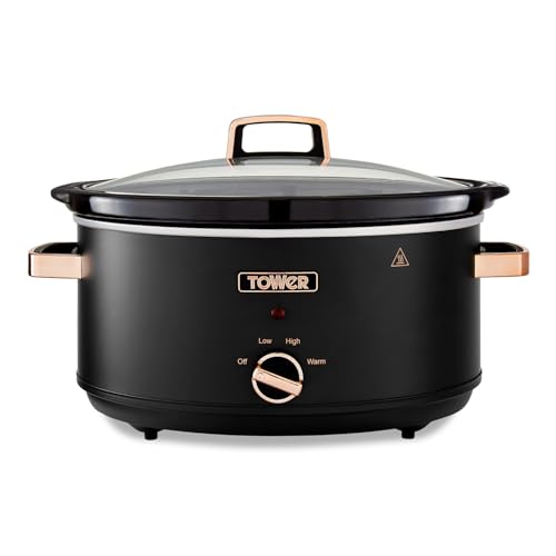 Tower T16043BLK Slow Cooker Cavaletto da 6,5 Litri con 3 Impostazioni di Calore, Manici Cool Touch, Elettrodomestici Cucina, Nero e Oro Rosa