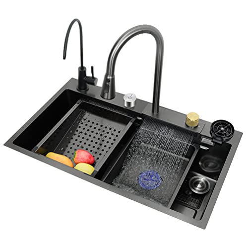 Lavello da Cucina, Lavello a Cascata Raindance, Lavello In acciaio Inossidabile 304, Set di Lavelli Domestici, Lavello Integrato con Rubinetto Rimovibile (80×45×21cm)