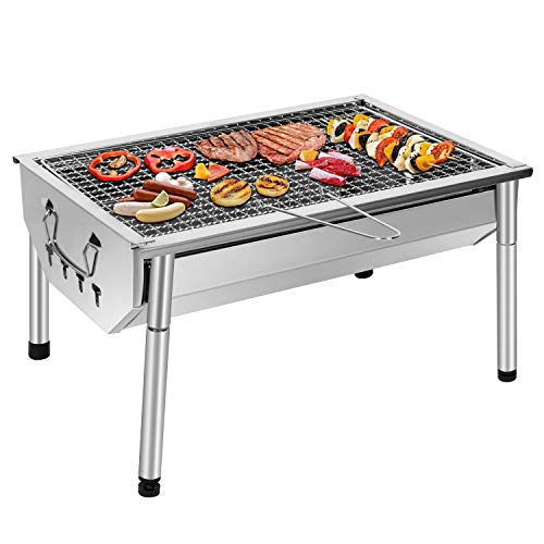 SunJas Barbecue a carbonella da esterno, in acciaio inox, regolabile e smontabile, portatile, con gambe di supporto, per giardino, pic-nic, campeggio