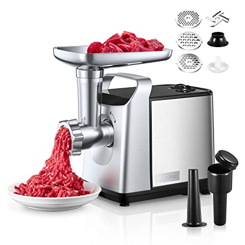 Tritacarne Elettrico Professionale, Acciaio Inox, 1500W Max, 3 IN 1 Tritacarne per Carne con 3 Piastre di Macinazione, Attacco per Salsiccia e Kubbe