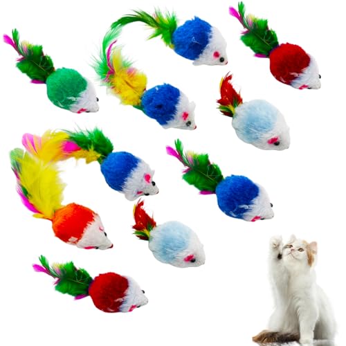 JUGNAW Set di 10 Giocattoli Interattivi in Peluche per Gatti con Topolini Colorati, Stimolanti e Sicuri, Ideali per il Gioco Quotidiano del Tuo Felino - Colori Assortiti