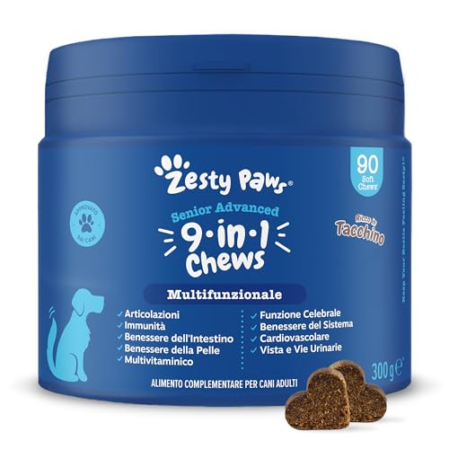 Zesty Paws Multivitaminici 9 in 1 | Integratore per cani | Vitamine per Cani con Glucosammina e Condroitina | Alimento Complementare per cani Anziani di tutte le taglie | Gusto Tacchino | 90 Pezzi