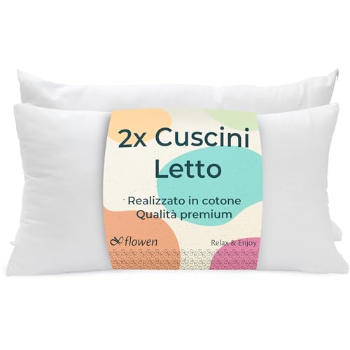 Flowen Cuscino 50 x 80 Set di 2 cuscini per letto per dormire e decorativi, anallergici, anti-acari e rinfrescanti, rettangolare, federa bianca in cotone e poliestere. Rimovibile e lavabile