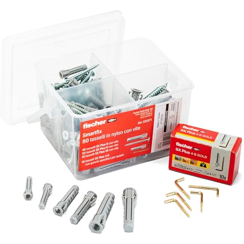 Fischer Kit Smartfix Box, 80 Tasselli Con Vite Con Gancio Per Muro Pieno E Mattone Forato, Trasparente