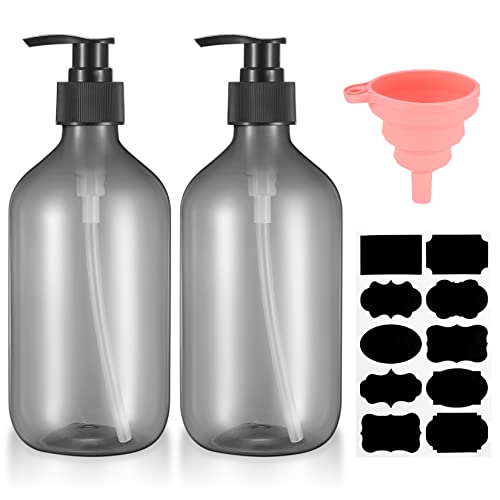 2 Pezzi Bottiglie Vuote Pompa a Pressione, 500 ml Dispenser Contenitore di Sapone Plastica, Flacone Dosatore Vuoti per Shampoo Lozioni Bagno Cucina, con Etichetta Imbuto - Grigio