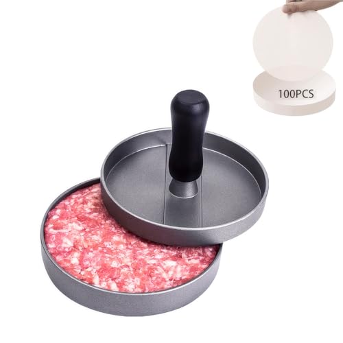 YeZhXing Pressa per Hamburger in Alluminio,Dotata di 100 Carta Hamburger,Rotondi Stampo per Hamburger,12cm Stampi per Hamburger,Macchina per Hamburger,Adatto per Patty, Cucina e BBQ