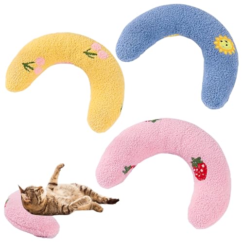 3PCS Cuscino Calmo per Cani,Cuscini al Collo per Animali Domestici, Giocattoli con Menta per Gatti,Cuscini a Forma di U per Proteggere la Colonna Cervicale,Adatti per Dormire,Giocare,Rosa, Giallo, Blu