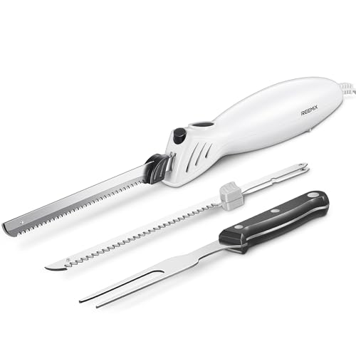 Reemix Coltello Elettrico, 15cm Coppie di lame di coltello in acciaio inossidabile con denti fini e grossolani, Coltello Affetta Carne, Pane e Pesce Congelato, Potenza 100W (bianco latte)