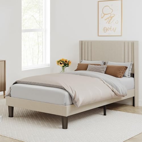 Bealife Letto imbottito 120x200cm, Struttura letto imbottita con base a doghe e testiera a dondolo, legno e metallo (Beige)