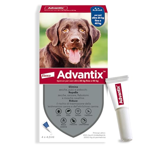 Advantix® Spot-on antiparassitario per Cani da 25 kg a 40 Kg, 4 pipette da 4,0 ml. Elimina zecche, pulci, pidocchi in casa. Protegge da zanzare, pappataci e rischio di leishmaniosi.