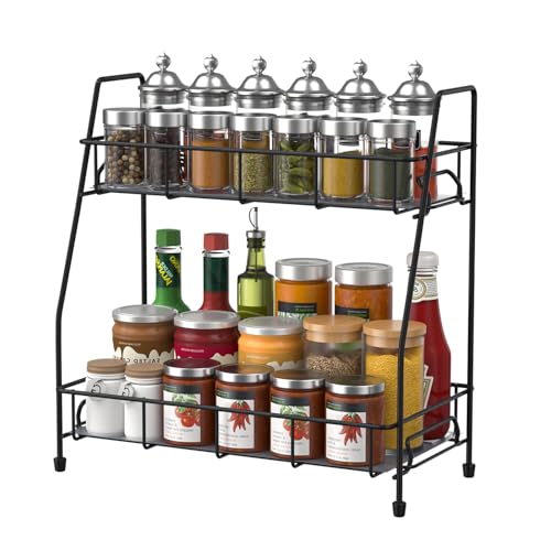 BOKIOVIN Supporto Porta Spezie Organizer per Cucina da Appoggio,Mensola Portaspezie Ripiani Salvaspazio Organizzatore per Cucina Armadietto Bagno 2 Livelli,Nero