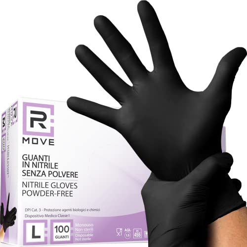 R MOVE 100 guanti in Nitrile Neri L senza polvere, senza lattice, ipoallergenici, guanti monouso per Estetisti, Tatuatori, Ambiti Medici, guanti per alimenti (L, Neri)