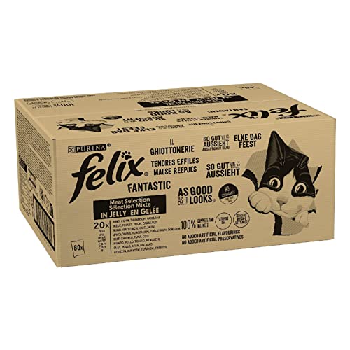 Purina Felix Le Ghiottonerie Cibo Umido per Gatti con Manzo, Pollo, Merluzzo e Tonno, 80 Buste da 85g