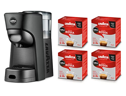 Lavazza, A Modo Mio Macchina per Caffè Tiny Eco Nera con 64 Capsule Qualità Rossa Incluse, Macchina per Espresso in Plastica Riciclata, 1450 W, 220-240 V, 50/60 Hz, 0.6 Litri