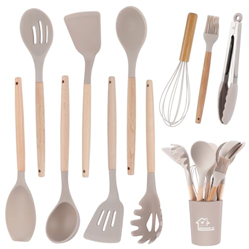 11 Pezzi Set Utensili Cucina Silicone, Set di Utensili da Cucina con Porta Utensili, Mestoli Cucina Silicone Antiaderente con Manico in Legno, Pentole, Set Mestoli Cucina Resistenti al Calore