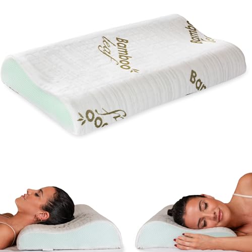 Flowen Cuscino Cervicale Memory Foam per Dormire Ortopedico Aloe Vera Guanciale a Doppia Onda Ideale per Supporto al Collo Ergonomico Traspirante Antirussamento Anallergico Federa Bamboo Lavabile