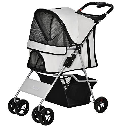 PawHut Passeggino per Cani Taglia Mini e Piccola con 3 Reti con Cerniera, Passeggino per Animali Domestici Pieghevole in Acciaio e Tessuto Oxford, 75x46x94 cm, Grigio