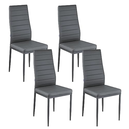 Baroni Home Set di 4 Sedie da Pranzo con Schienale Alto e Seduta Ergonomica con Cuciture Decorative, Sedie Eleganti Imbottite in Ecopelle con Struttura in Acciaio, 40X48X96 cm, Grigio