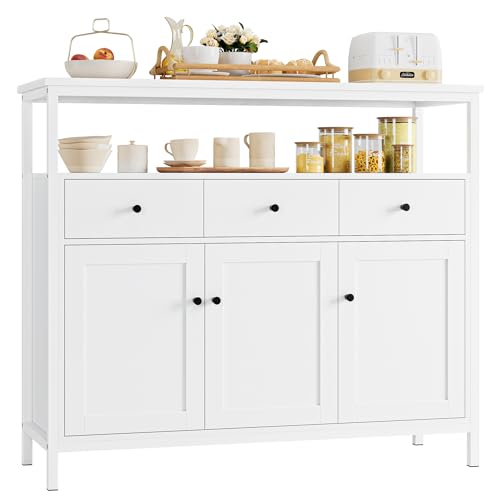 FirFurd Credenza Cucina con 3 Ante e 3 cassetti, Mobile da Cucina, Armadietto Organizzatore in Legno, Ripiani Regolabili,per Sala da Pranzo Salotto Corridoio Cucina, 108x38x98,5 cm Bianco