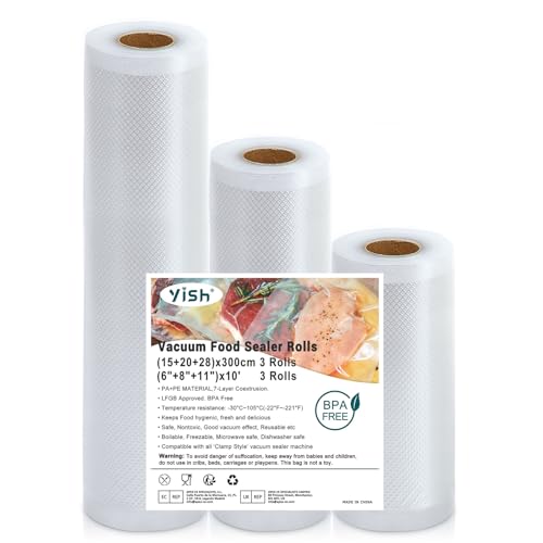 YISH Sacchetti Sottovuoto Alimenti：3 Rotoli Buste Sottovuoto Alimenti 15/20/28x300cm, Sacchetti Sottovuoto Goffrati Senza BPA, Rotoli Sottovuoto Alimenti per Macchina Sottovuoto e Sous Vide Cucina