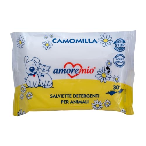 AMORE MIO 150 Salviette Tascabili alla Camomilla per Occhi e Orecchie di Cani, Gatti e Animali Domestici, Disinfettanti e Igienizzanti, 19x13 cm - 5 Confezioni da 30 Salviettine