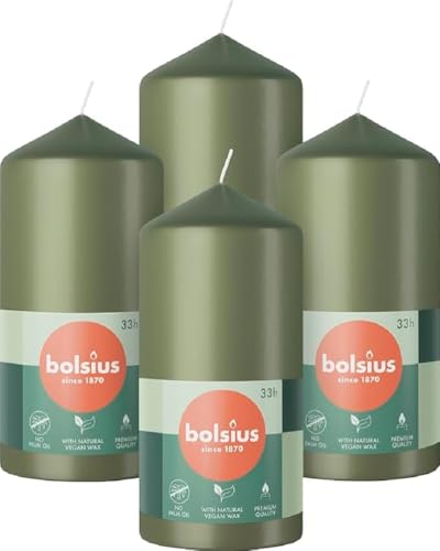 Bolsius Candele decorative per la casa, confezione da 4, 12 x 6 cm, a lunga durata di 33 ore, non profumate, cera vegana naturale, senza olio di palma, colore: verde