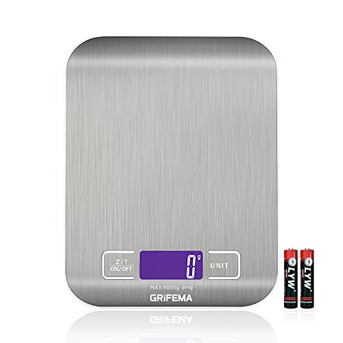 GRIFEMA - GA2002, bilancia da cucina con display LCD, acciaio inossidabile, bilancia multifunzione per alimenti 5 kg/11 libbre, blu [esclusiva Amazon]