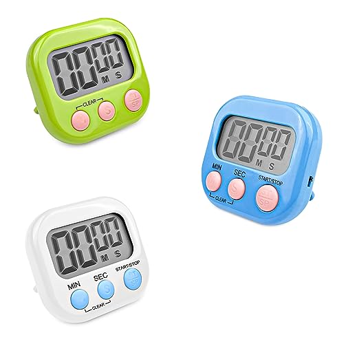 Fousenuk 3 Pezzi Timer da Cucina Digitale con 3 Colori, Cronometro Conto Alla Rovescia con Supporto Magnetico Buco, Allarme Forte Grande Display LCD per Cottura al Forno Studio Allenamento Fisico