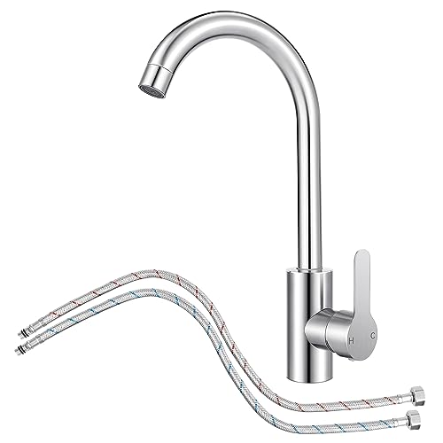 Rubinetto Miscelatore per Lavello Cucina,Rubinetto Monocomando Girevole a 360° con Tubi Flessibili (G3/8 Pollici X M10),Rubinetto ad Arco Alto in Acciaio Inox