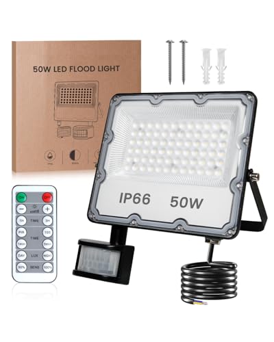 TobeBright Faretto con Sensore di Movimento 50W, 5000LM 6500K Faro LED con Sensore di Movimento Telecomando, Luce di Sicurezza con Sensore di Movimento Impermeabile IP66 per Giardino, Patio, Garage