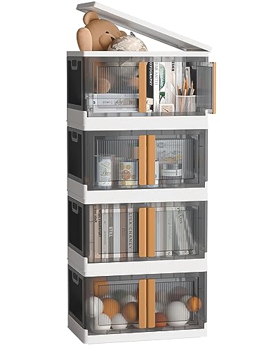 NETEL 4x 72L Impilabili Scatole Portaoggetti con Coperchio e Bloccabile Porta, Pieghevole Contenitori Plastica con Ruote e Maniglie, Grande Organizer Salvaspazio