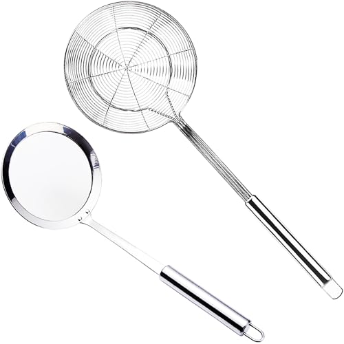 Schiumarola in Acciaio Inox,scolapasta con manico,Setaccio Maglia Fine,Cucchiaio e schiumarola,Schiumarola a ragno,adatta per cucinare in cucina,grigliare,cuocere a vapore e scolare(14 cm&Maglia Fine)