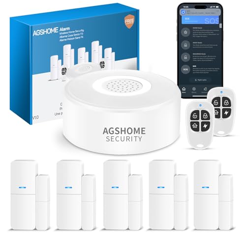 AGSHOME Allarme Casa Senza Fili, Sistema di Allarme Casa Senza Fili, antifurto casa wireless Con 1 Sirena, 5 Sensori Per Porte E Finestre E 2 Telecomandi, Tramite App, Compatibile con Alexa