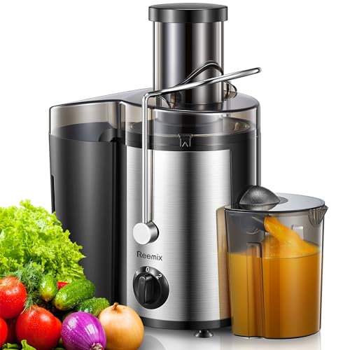 Elettrica Centrifuga Frutta e Verdura, Reemix Estrattore Frutta e Verdura Facile da Pulire, 65 MM Bocca Larga, Acciaio Inox, 2 Velocità, Spazzola & Ricetta (500, Watt)