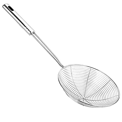 Schiumarola ragno in acciaio inox - Schiumarola professionale filo acciaio, colapasta e scolapasta acqua o olio- Schiumarola metallica cucinare-Rasera cucina manico alta resistenza al calore-14 cm