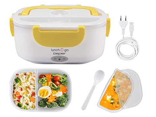 BEPER 90.920G Lunch & Go Scaldavivande Elettrico Portatile con 2 Contenitori Removibili e Posate Incluse, 220V, Giallo