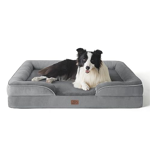 Bedsure Letto per Cani Grande 89x63x18cm - Divano per Cani Taglia Gande in Uovo Foam, Colore Grigio, Cuscino per Cani Sfoderabile e Lavabile