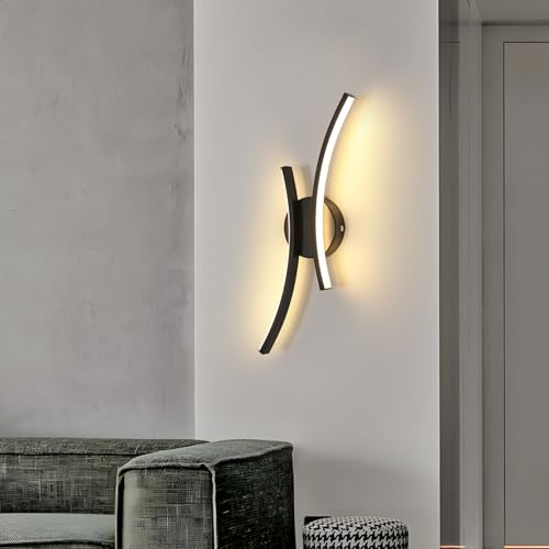 Goeco Applique da Parete Interno, 20W 44CM Lampada da Parete a LED in Acrilico, Luce Bianca Calda 3000K Luce a Parete Moderno Applique Curva per Camera da Letto, Soggiorno, Corridoio, Nero