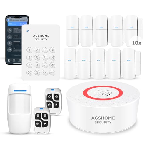 AGSHOME Allarme Casa Senza Fili, Promemoria App push, Antifurto Casa Wi-Fi DIY con 120dB Sirena, 10 Sensori, 2 Telecomandi e 1 Sensore di Movimento, 1Tastiera, Allarme Casa Compatibile con Alexa