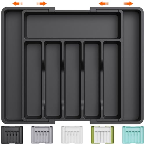 Lifewit Portaposate da Cassetto, Porta Posate Espandibile per Cassetto, Porta Posate Cucina Cassetto Regolabile in Resistente Plastica per Cucchiai, Forchette e Coltelli, Grande, Nero