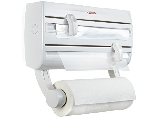 Leifheit Parat F2 ComfortLine Portarotoli per 3 rotoli, Taglia rotoli con ripiano portaspezie, Portarotolo cucina carta, pellicola, alluminio, bianco