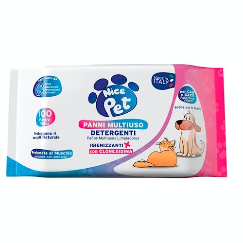 Nice Pet Salviette IGIENIZZANTI Cani, Gatti con CLOREXIDINA - 100 Salviette - Proteggono Il PH Naturale - Profum al Muschio - Salvette Ideali per l'igiene Manto di Cani e Gatti | Salviette Cane