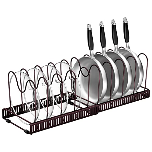 Fousenuk Porta Coperchi Pentole Allungabile, Organizer Padelle con 10 Scomparti Regolabili, Salvaspazio. Supporto in Metallo, Contenitore Da Cucina (Bronzo)